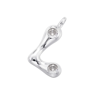 Detailed view of silver L-shaped pendant featuring two round clear gemstones on white background