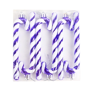 Set of 6 purple and white spiral Christmas candy cane ornaments with silver hanging strings