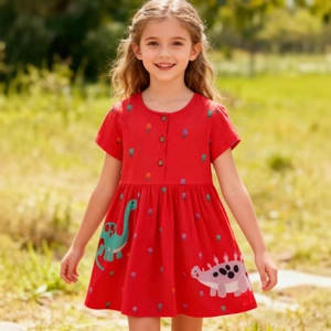 Vestito Bambina Cotone Manica Corta Applique Dinosauro Stampa Floreale Girocollo Estate Moda Casual