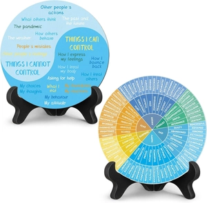 Close-up of dual mental health acrylic signs featuring an emotion wheel and control chart