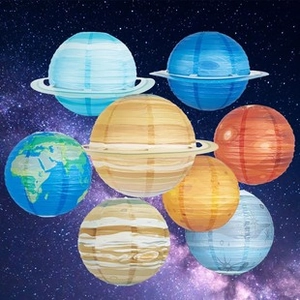 Detailed set of eight solar system planet paper lanterns with realistic cosmic star background