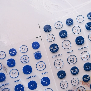 Blue ultra-thin nail stickers with diverse emoticons and English phrases for manicure