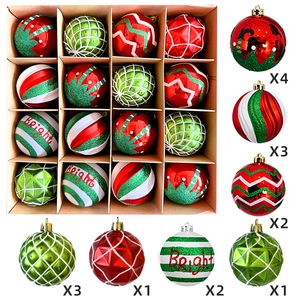 Detailed set of 16 painted Christmas ornaments including red, green and white festive balls