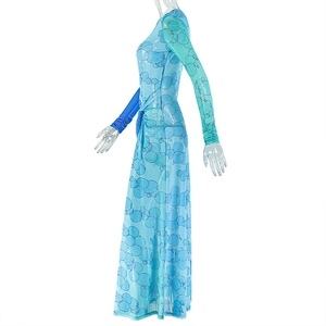 Detail of ruched waist side seam and blue bubble print on long sleeve mesh dress