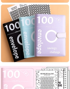 Close-up of four multi-color PU leather 100 envelope challenge binders with stickers