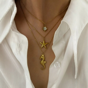 Collier Pendentif Étoile de Mer Hippocampe Étoile à Huit Branches en Acier Inoxydable Or Strass Bijoux Femme Cadeau