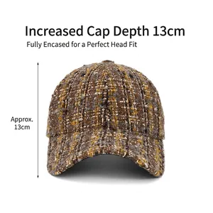 Women's tweed baseball cap in brown and yellow with a 13cm deep crown design