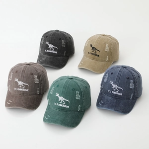 Distressed cotton baseball cap for kids with dinosaur skeleton embroidery in five vintage colors
