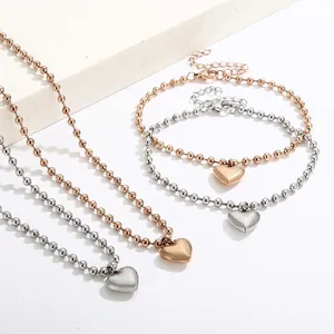 Collier Bracelet Pendentif Cœur Acier Inoxydable Plaqué Or 18K Élégant Minimaliste Chaîne À Billes Bijoux Pour Femmes