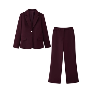 Veste Blazer Et Pantalon Pour Femmes Rouge Vin Polyester Col À Revers Bouton Unique Élégant Bureau
