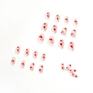 Faux ongles translucides avec motifs de cœurs rouges et pointes French blanches, 24 pcs