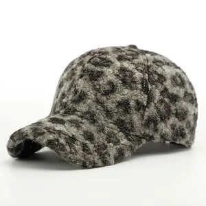Winter leopard print faux teddy fleece baseball cap with warm texture in grey and black