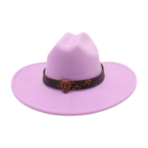 Detail of lavender felt fedora with leopard print band and bronze leopard head buckle