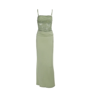 Elegant grass green lace patchwork maxi dress with spaghetti straps and slim fit silhouette