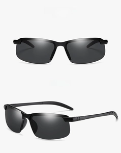 Front view of men's sunglasses featuring a classic black frame and dark grey lenses