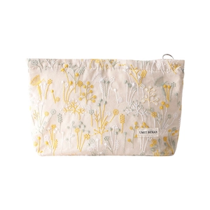 Floral embroidery beige cotton linen cosmetic bag with metal zipper and logo patch