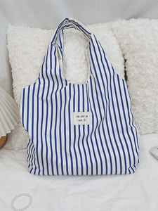 Sac fourre-tout en toile à rayures bleues et blanches avec logo pour femmes