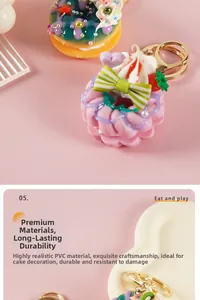 Detailed close-up of PVC doughnut keychain with cream dollop and miniature bow accents