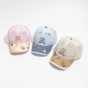 Close-up of kids summer mesh baseball caps with M embroidery and bear patterns