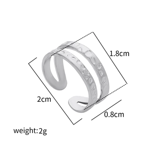 Detailed size specifications for a hammer-textured silver stainless steel open ring