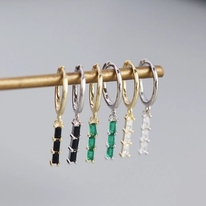 Elegant s925 silver earring hoops with rectangular zircon stones in gold and silver finish