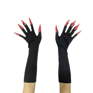 Long black satin Halloween cosplay gloves with sharp red fingernails for vampire costumes