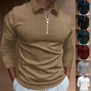 Men Long Sleeve Polo Shirt Vertical Striped Ribbed Quarter Zip Slim Fit Casual Sporty Stand Collar Tops