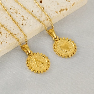 Stainless Steel Pendant Necklace 18K Gold Plated Round Coin Hammered Texture Initial Alphabet Letter Jewelry Women Men