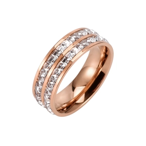 Elegant rose gold wide ring with double row square-cut gemstones in a 45-degree side view
