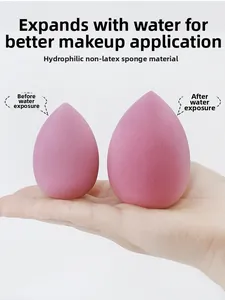 Pink makeup sponge showing size comparison before and after soaking in water