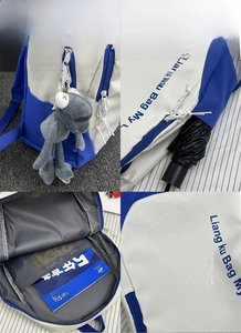 Detail view of blue and white backpack showing side pockets, interior layout and frog pendant