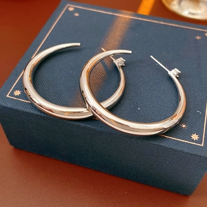 Detail of silver C-shape hoop earrings with zircon accents on a premium jewelry box