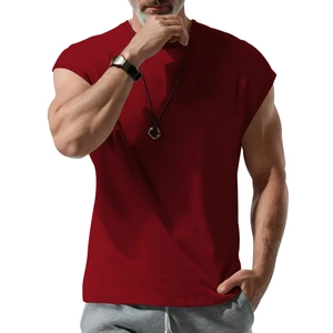 Detail of burgundy sleeveless t-shirt showing slim fit cut and premium cotton fabric