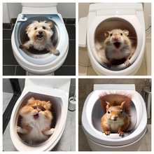 Detail showing four creative toilet wall stickers with 3D cat, dog, and hamster designs