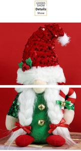 Close-up of Christmas gnome showing red sequined hat, white braids, and golden bells