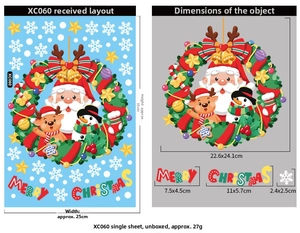 Detailed dimensions of Christmas window stickers featuring Santa Claus and reindeer motifs