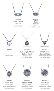 Detailed chart showing eight black S925 silver evil eye pendants with sparkling zircons