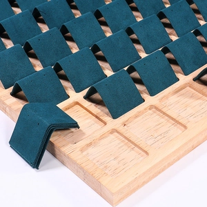 Solid wood jewelry tray with dark teal velvet slots for 36 pairs of stud earrings