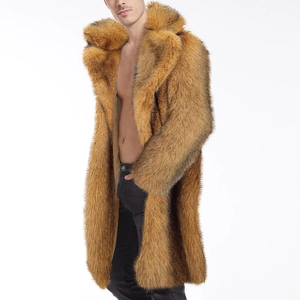Detailed texture of ginger long faux fur coat with lapels and plush winter finish