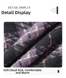 Detailed close-up of soft purple plaid knit fabric with thick warm texture and fuzzy finish
