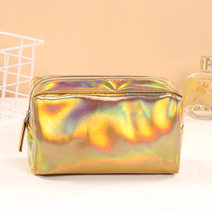 Holographic gold laser makeup bag with portable travel zipper and reflective finish