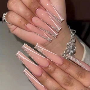 Long Coffin Press On Nails Nude Pink Base Silver Glitter White Lines French Style Artificial False Nails For Women