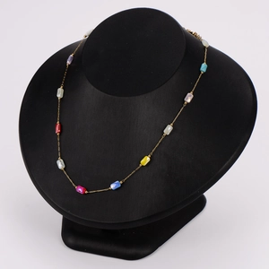 Golden 304 stainless steel necklace featuring colorful rectangular crystal gemstones