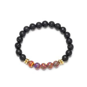 Black lava stone beaded bracelet with rainbow malachite accents and golden spacers