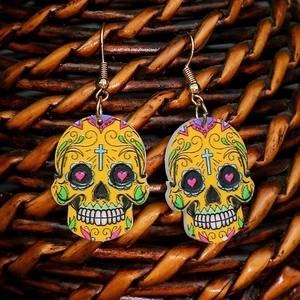 Sugar skull earrings with colorful patterns and golden hooks for Halloween parties