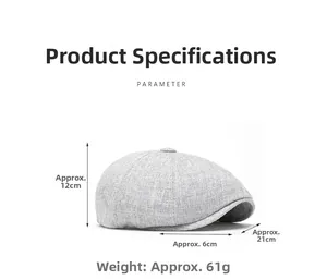 Detail view of light grey linen newsboy cap showing dimensions and woven texture details