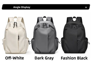 Three minimalist nylon backpacks in cream white, dark grey, and black colors