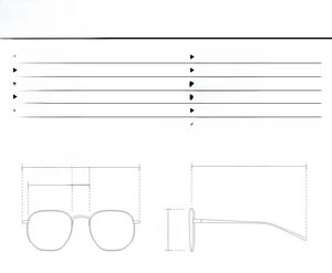 Detailed sizing chart for square anti-blue light glasses with technical dimensions