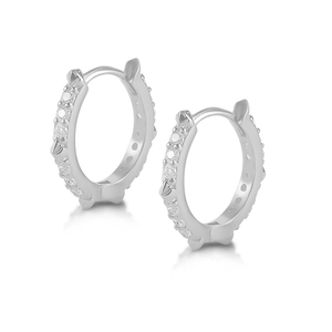 Close-up of S925 sterling silver hoop earrings with devil horns and sparkling zircon stones