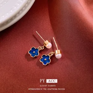 Flower Stud Earrings With Artificial Pearl And Blue Enamel Alloy Vintage Elegant Jewelry For Women With Silver Earring Post